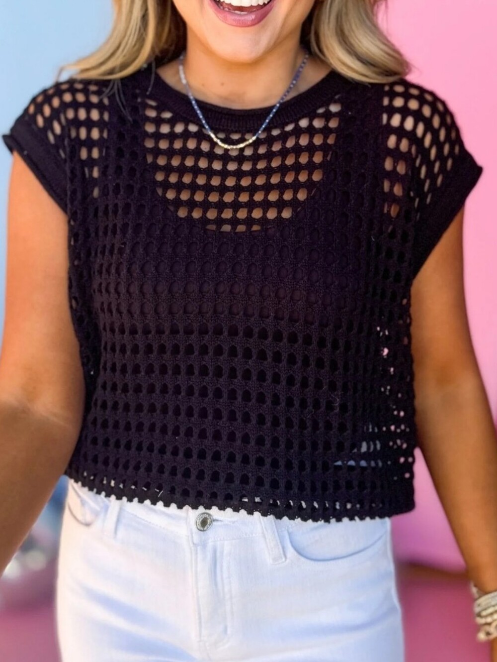 Debut Open Knit Cropped Black Cap Sleeve Sweater, S/M